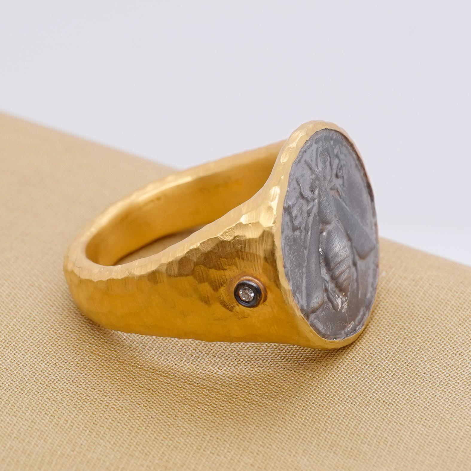 Ancient Bee Coin Ring w/ Diamonds, Hammered Gold, 24kt Gold & Silver by Kurtulan For Sale 1