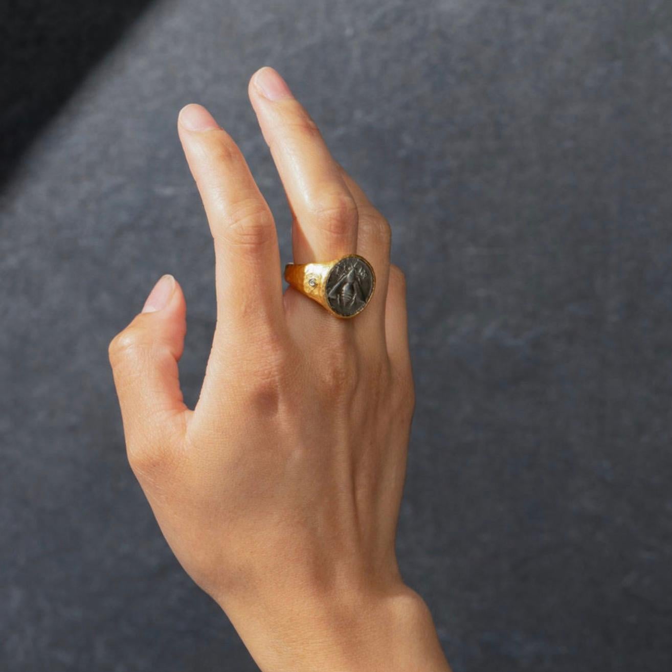 Contemporary Ancient Bee Coin Signet Ring w/ Diamonds, Hammered Gold, 24kt & Silver For Sale