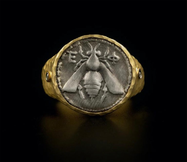 Round Cut Ancient Bee Coin Ring w/ Diamonds, Hammered Gold, 24kt Gold & Silver by Kurtulan