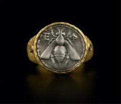 Ancient Greek Mythology Honey Bee SS Replica Coin Ring 24K Gold Diamonds Size7.5