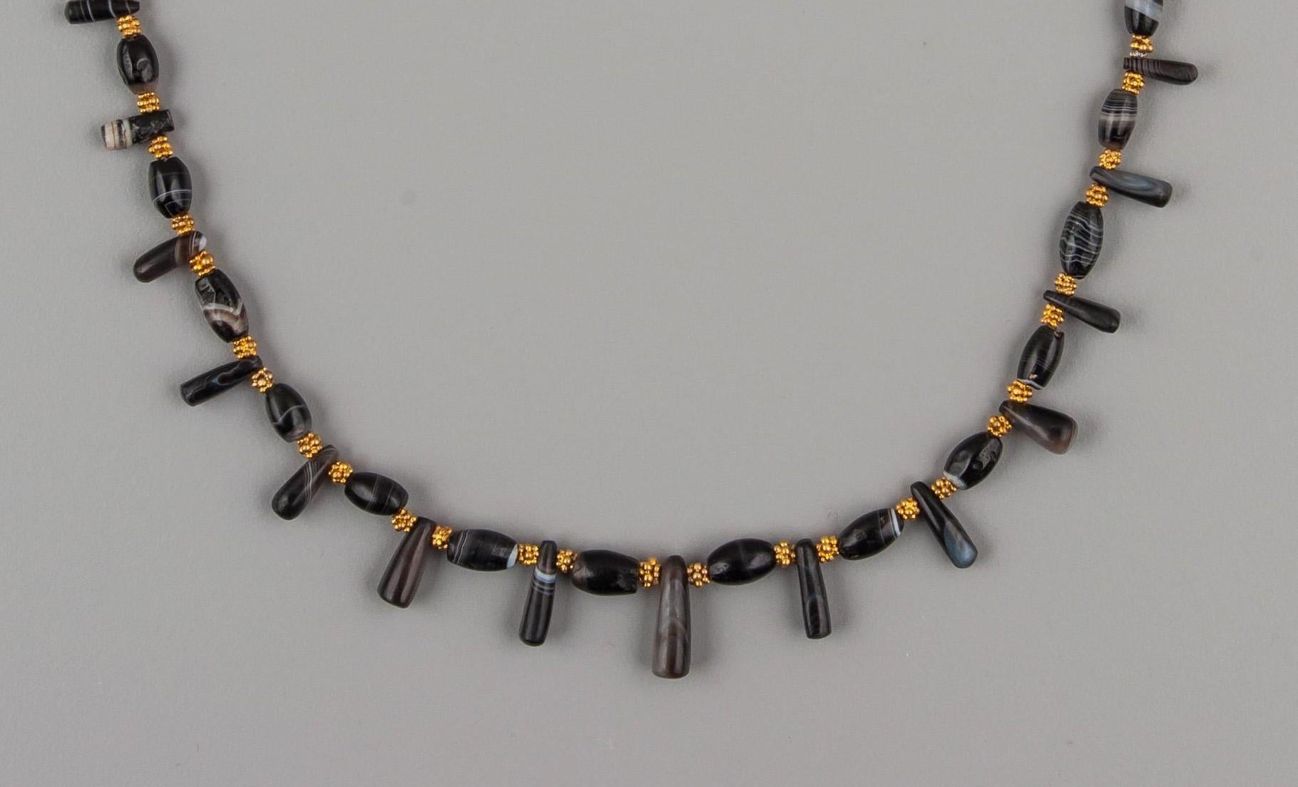 Artist Ancient Black Agate Barrel Beads with Pendants and Vermeil Spacers For Sale