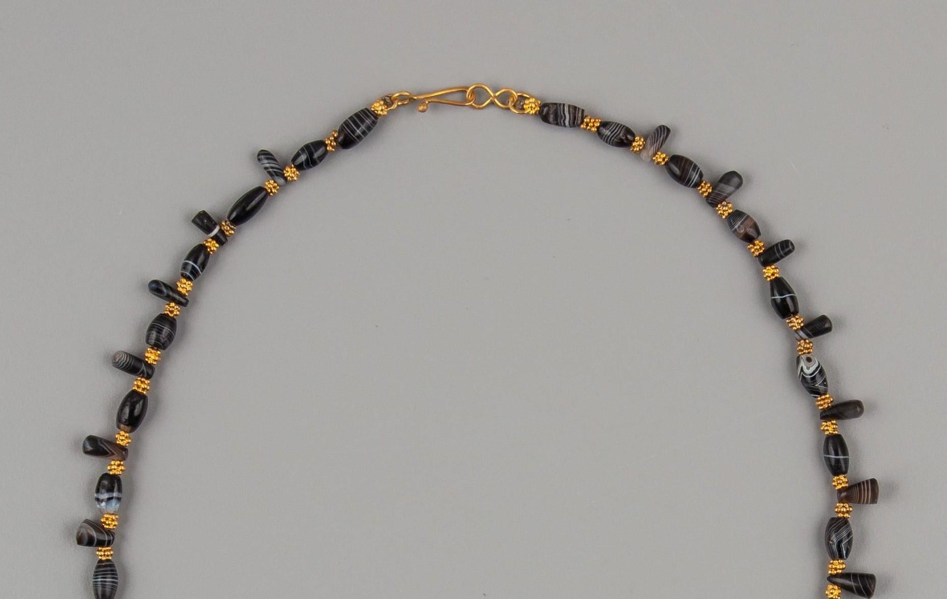 Ancient Black Agate Barrel Beads with Pendants and Vermeil Spacers In Good Condition For Sale In Bloomington, IN