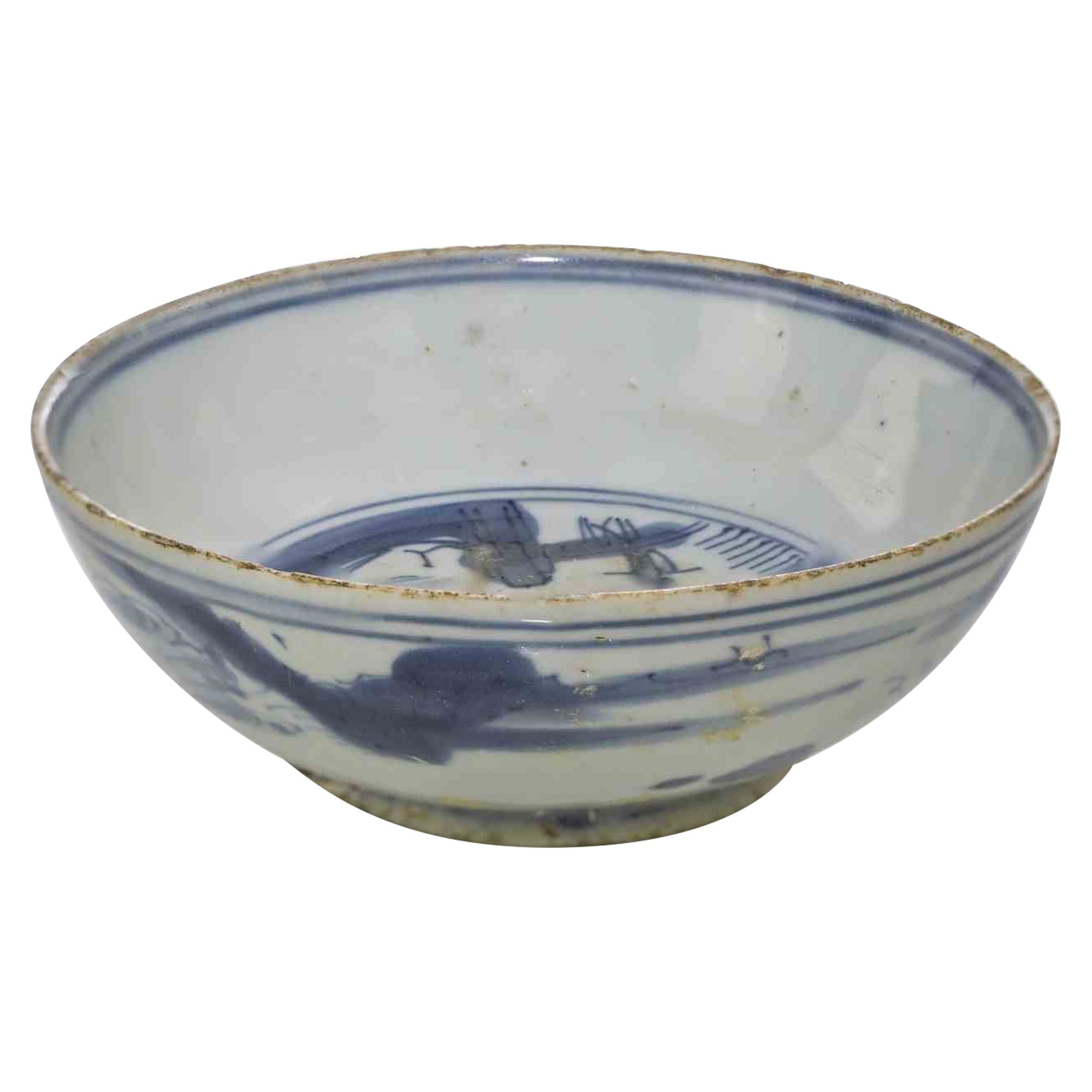 Antica ciotola di porcellana bianca e blu, inizio del XVIII secolo