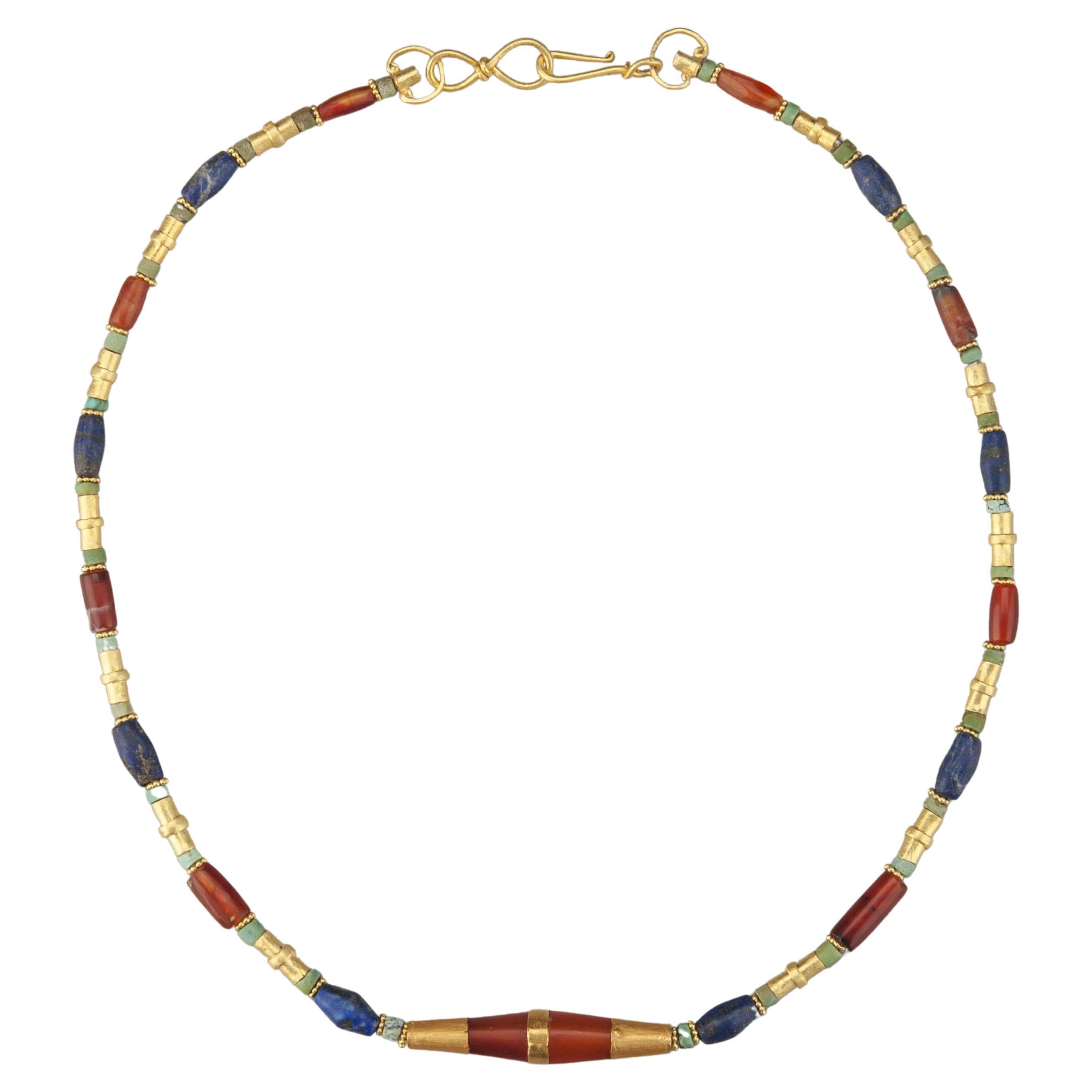 Ancient Bronze Age Gold Capped Carnelian Bead, Lapis Lazuli, Turquoise