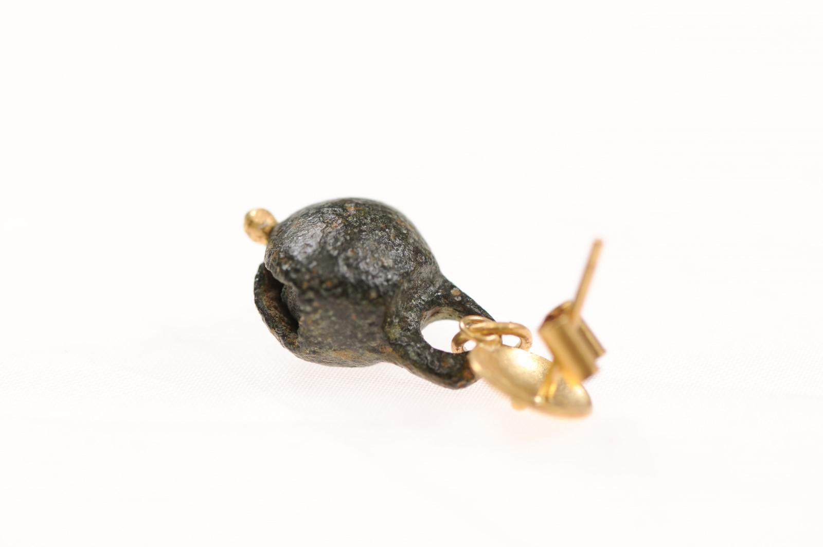 Ancient Bronze Bell Earrings w 21k For Sale 6