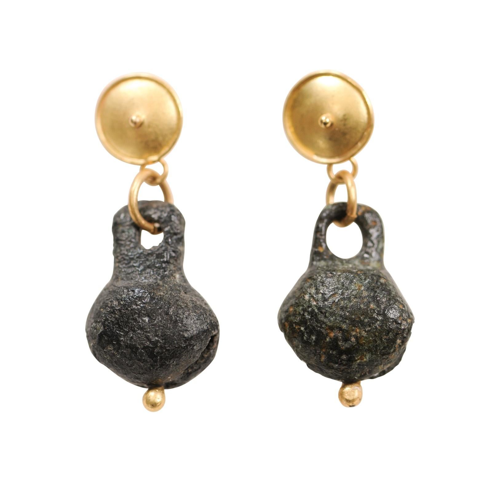 Ancient Bronze Bell Earrings w 21k For Sale 8