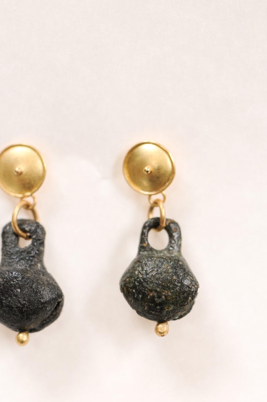 Ancient Bronze Bell Earrings w 21k In Excellent Condition For Sale In Atlanta, GA