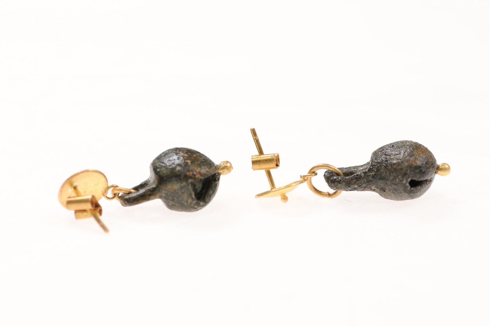 Ancient Bronze Bell Earrings w 21k For Sale 4
