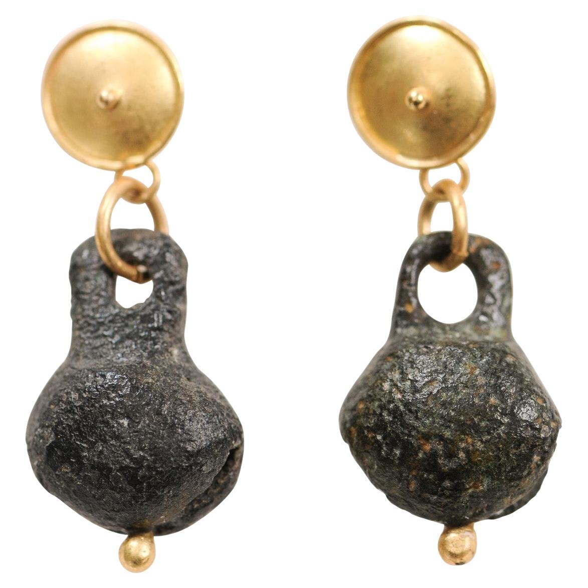 Ancient Bronze Bell Earrings w 21k For Sale