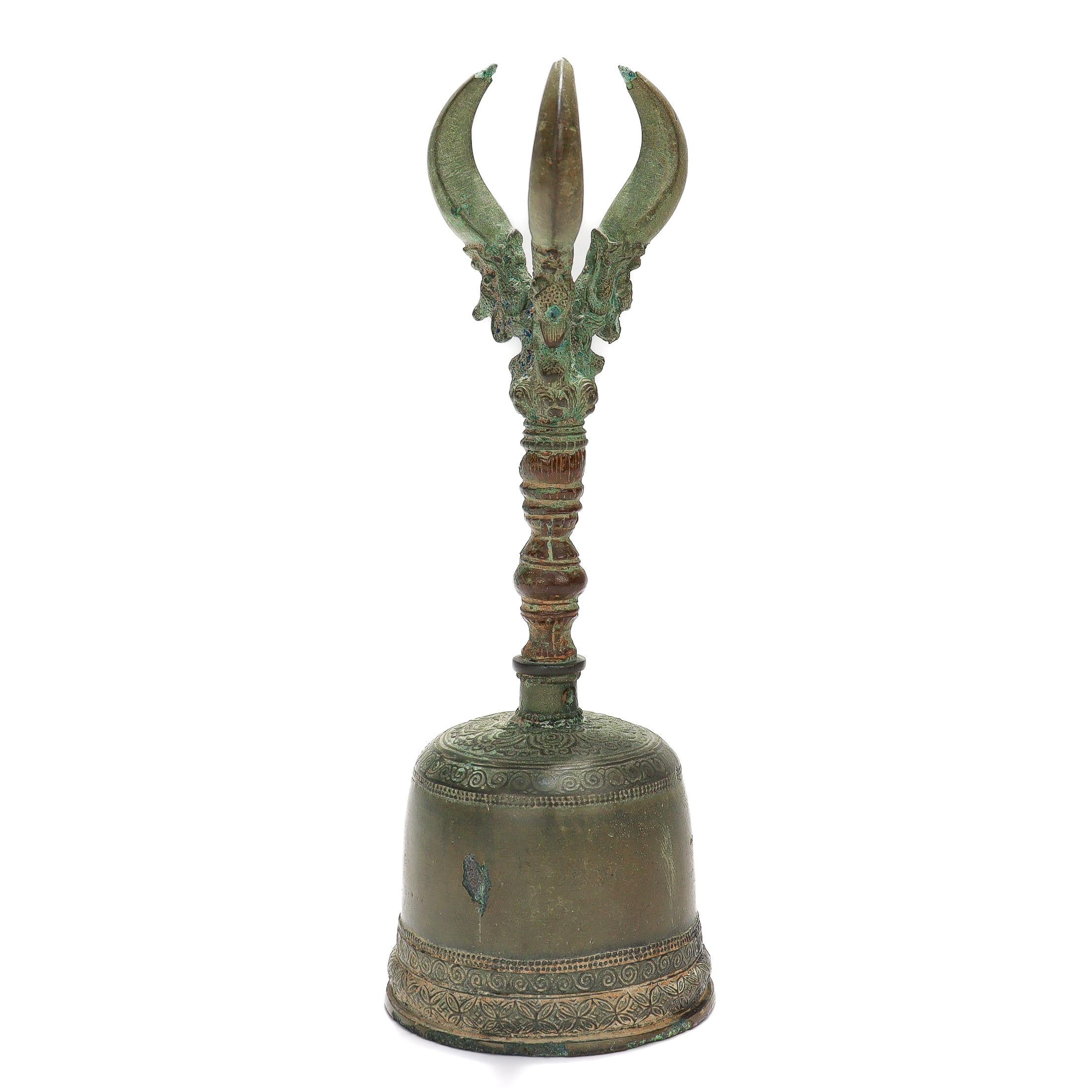 Indian Ancient Bronze Buddhist Ghanta Hand Bell with Vajra / Dorje Handle For Sale