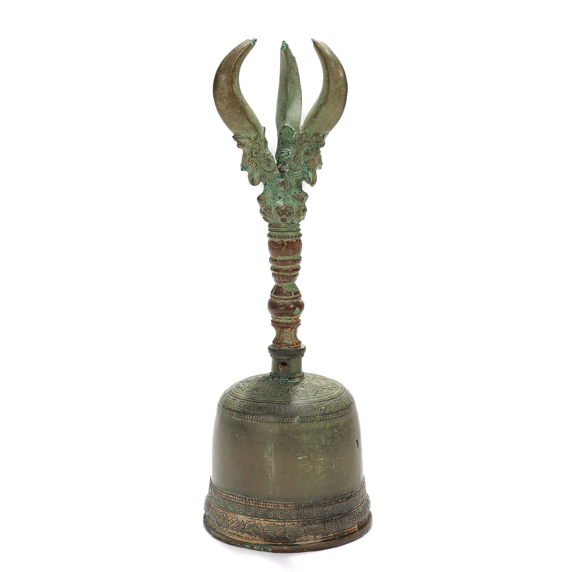 Ancient Bronze Buddhist Ghanta Hand Bell with Vajra / Dorje Handle In Fair Condition For Sale In Philadelphia, PA