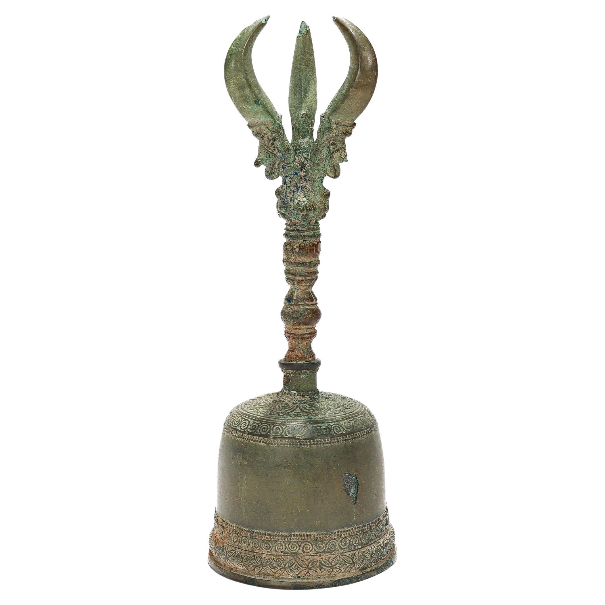 Ancient Bronze Buddhist Ghanta Hand Bell with Vajra / Dorje Handle For Sale