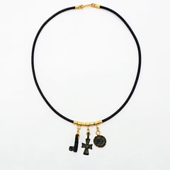 Ancient Bronze Byzantine Cross, Roman Coin and Key Leather Necklace