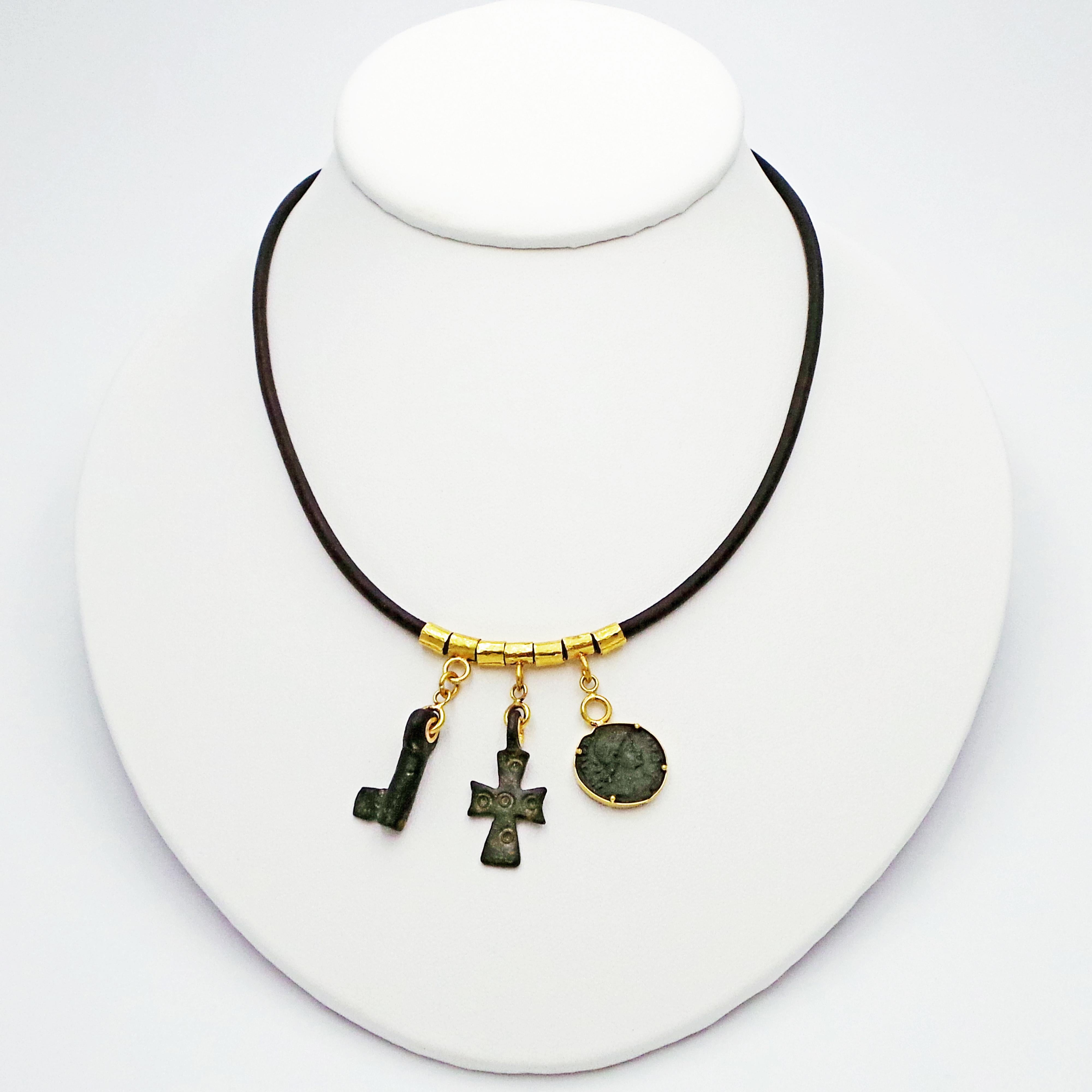 Contemporary Ancient Bronze Byzantine Cross, Roman Coin and Key Leather Necklace