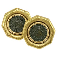 Retro Ancient Bronze Coin and Hammered Finish 18K Gold Italian Earrings