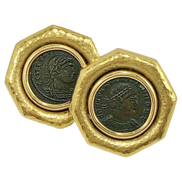 Ancient Bronze Coin and Hammered Finish 18K Gold Italian Earrings For