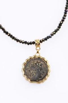 Ancient Bronze Coin of Antiochos VIII & Elephant in Custom 21-Karat Gold Pendant