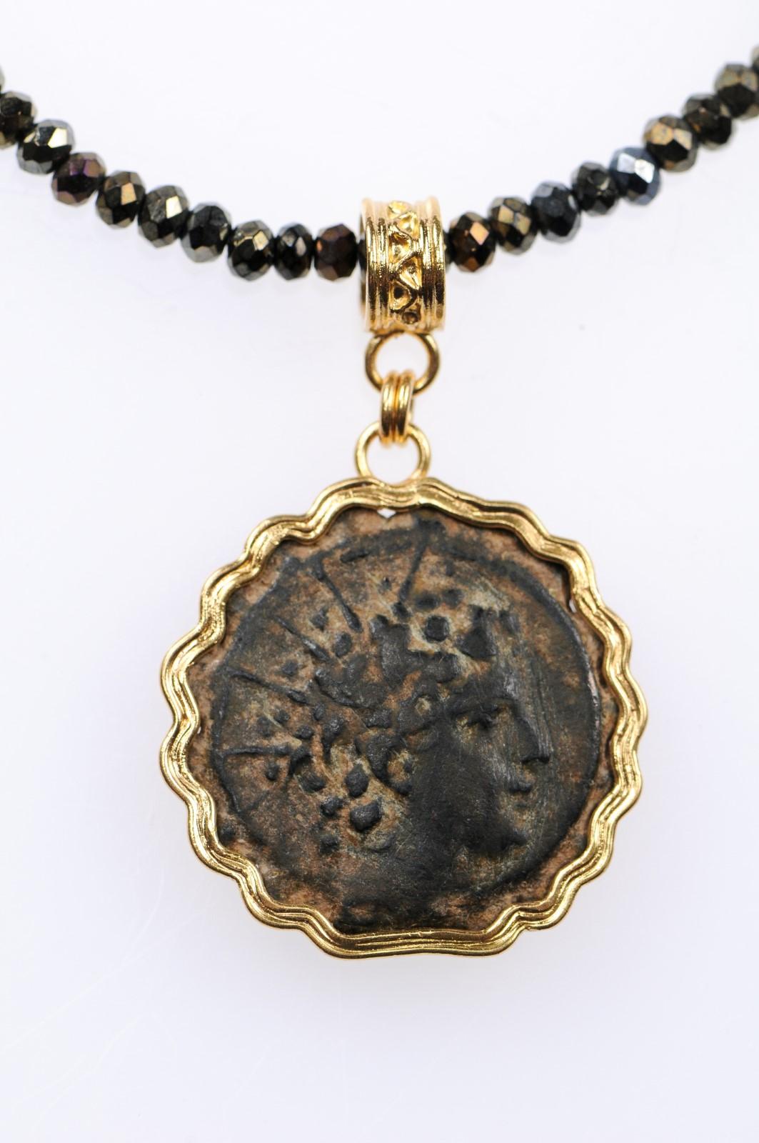 Ancient Bronze Coin of Antiochos VIII & Elephant in Custom 21-Karat Gold Pendant In Good Condition In Atlanta, GA