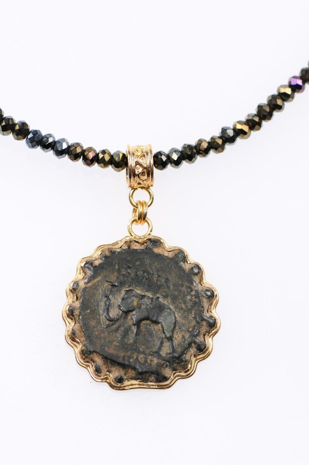 Ancient Bronze Coin of Antiochos VIII & Elephant in Custom 21-Karat Gold Pendant 4