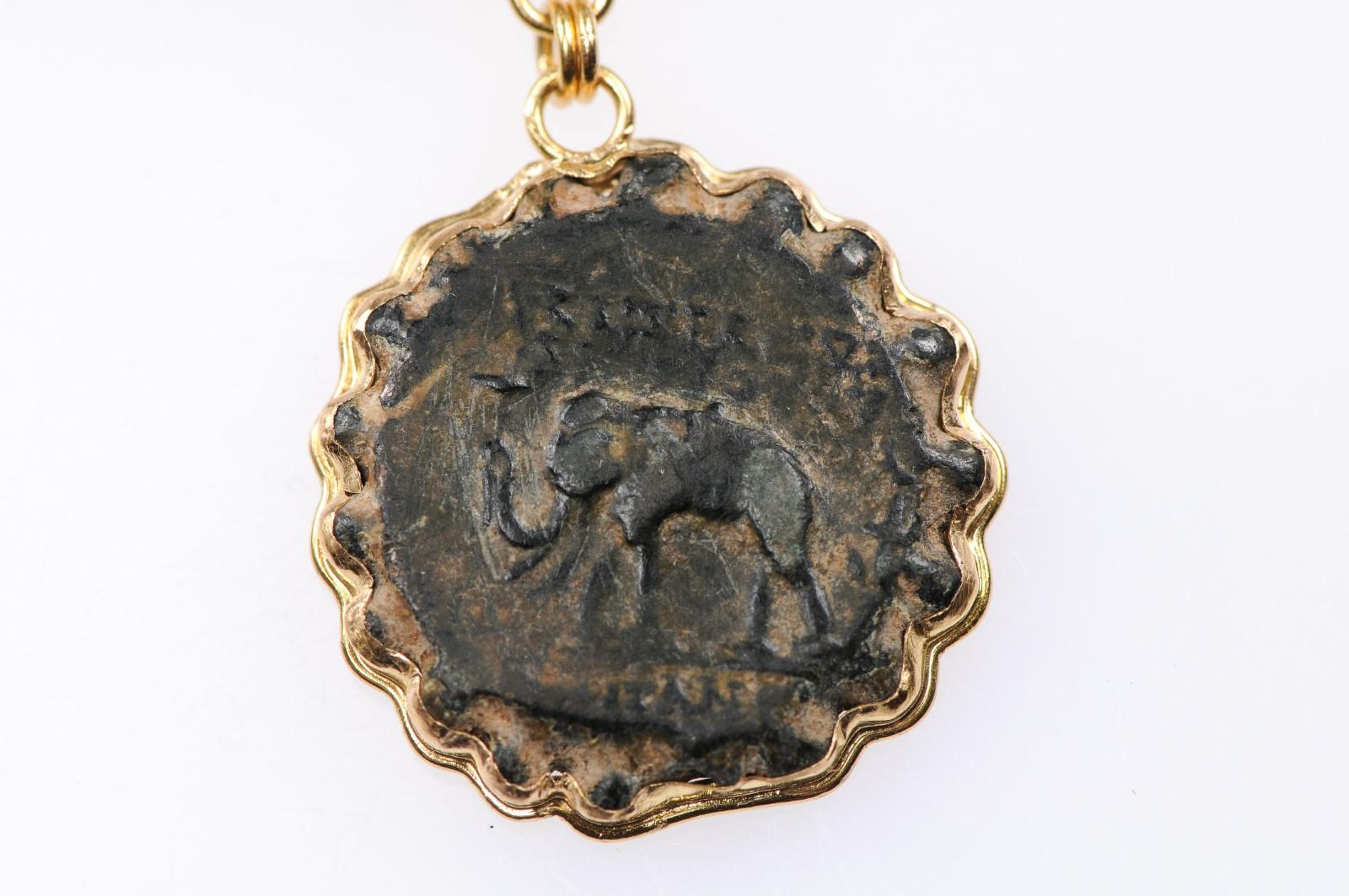 Ancient Bronze Coin of Antiochos VIII & Elephant in Custom 21-Karat Gold Pendant 5