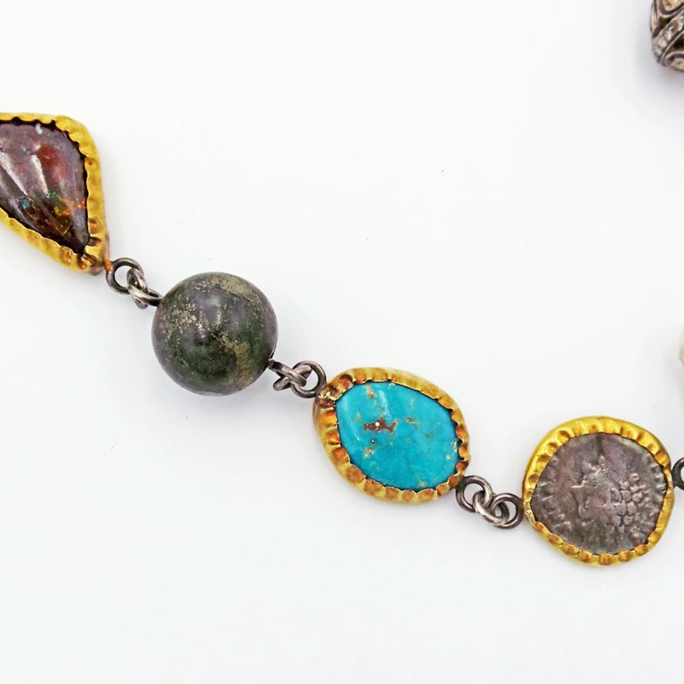 Ancient Bronze Coin, Vintage Cameo and MultiGemstone Long Bohemian