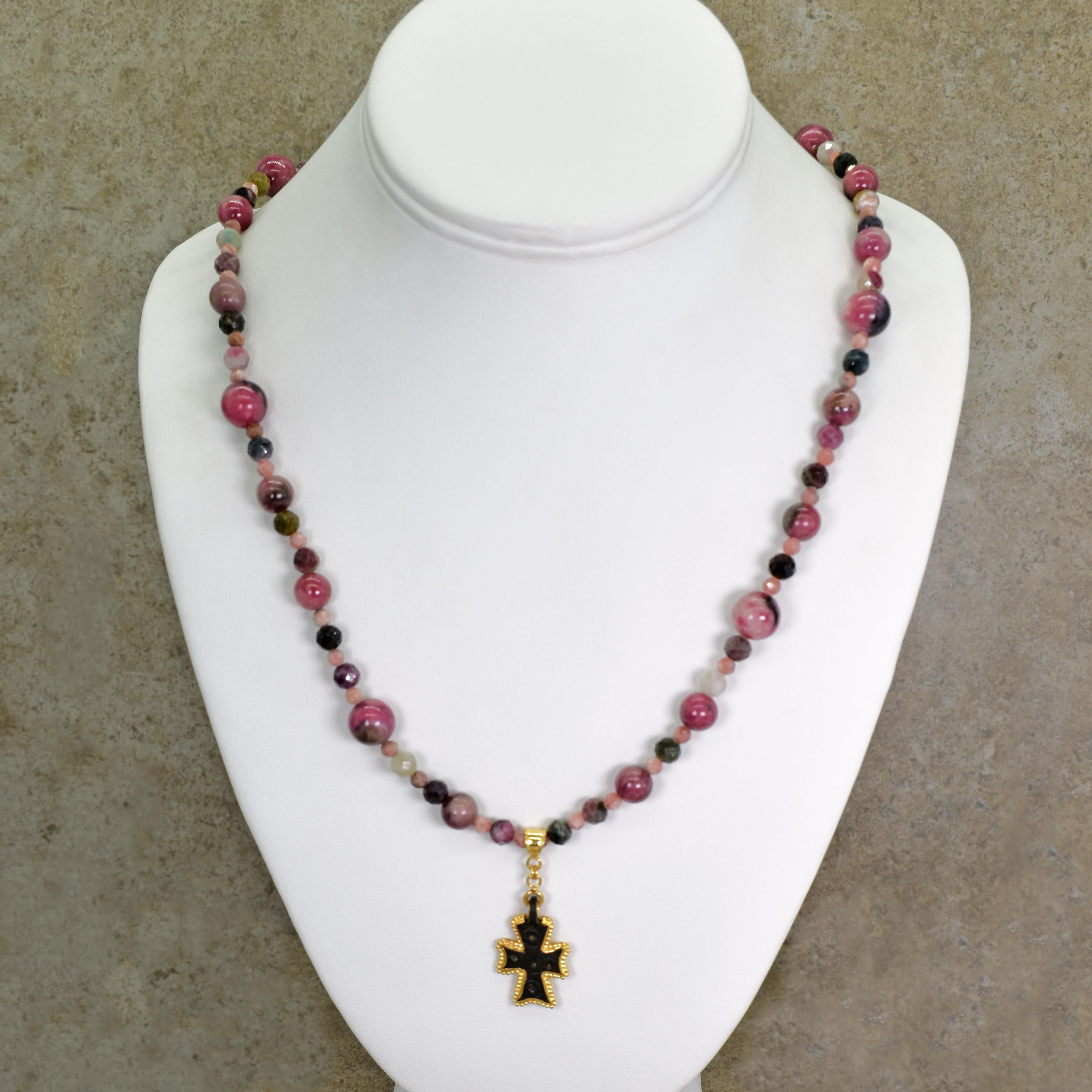 Contemporary Ancient Bronze Cross, 22 Karat Gold and Pink Rhodonite Beaded Pendant Necklace For Sale