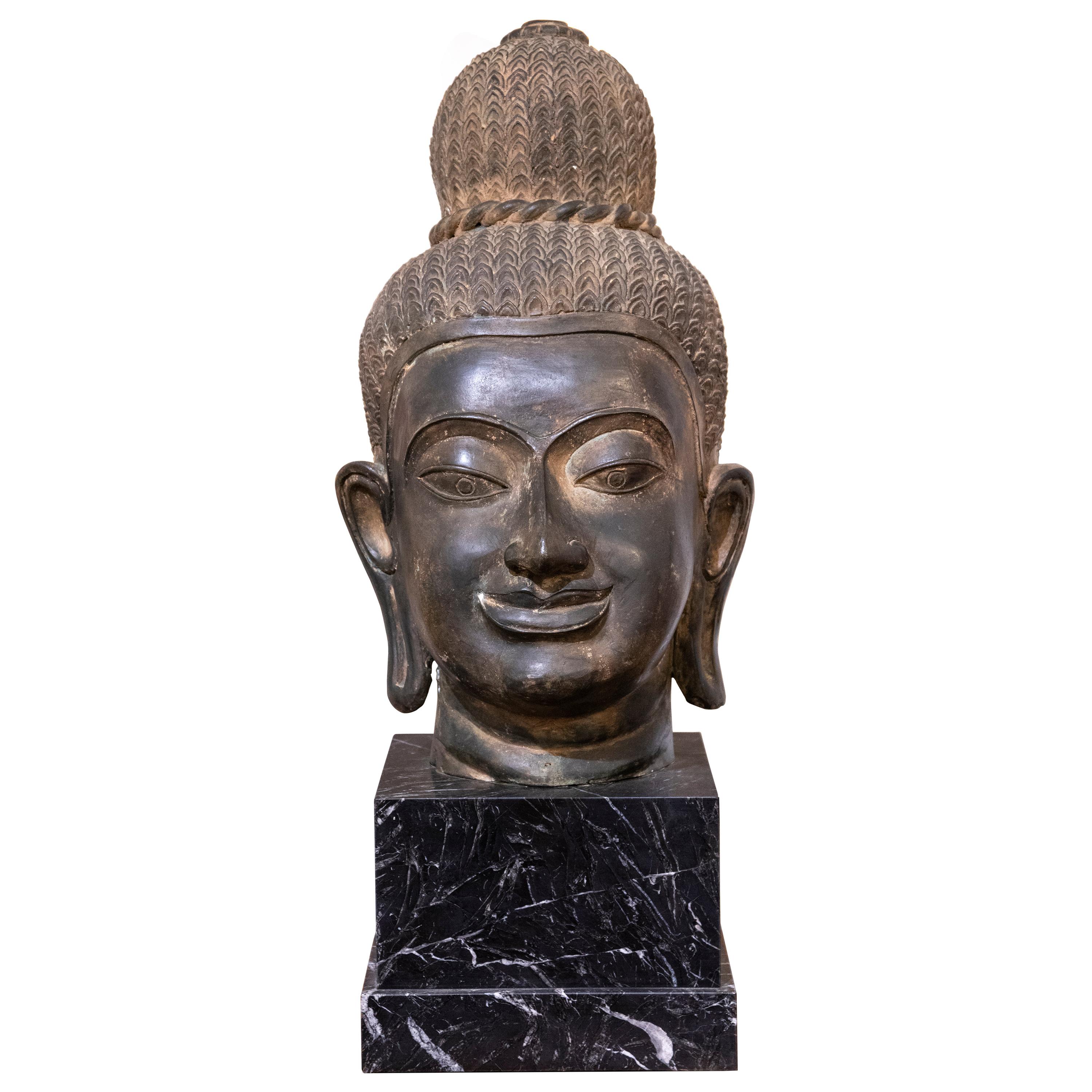 Ancient Bronze Head of Buddha, 19th Century For Sale