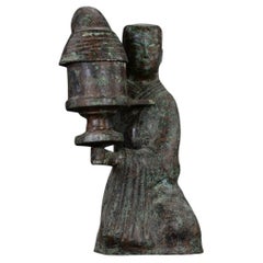 27cm Vintage Bronze Kneeling Down Human Hands Holding Lantern Statue