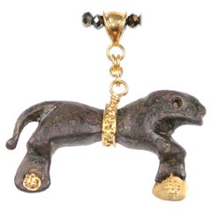 Ancient Bronze Lion Artifact in Custom 21-Karat Gold Hanging Pendant