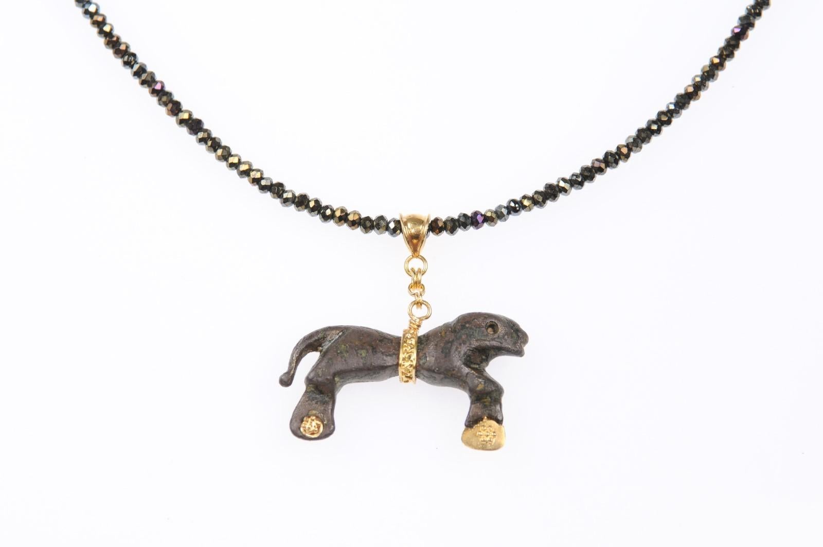 Italian Ancient Bronze Lion Artifact in Custom 21-Karat Gold Hanging Pendant