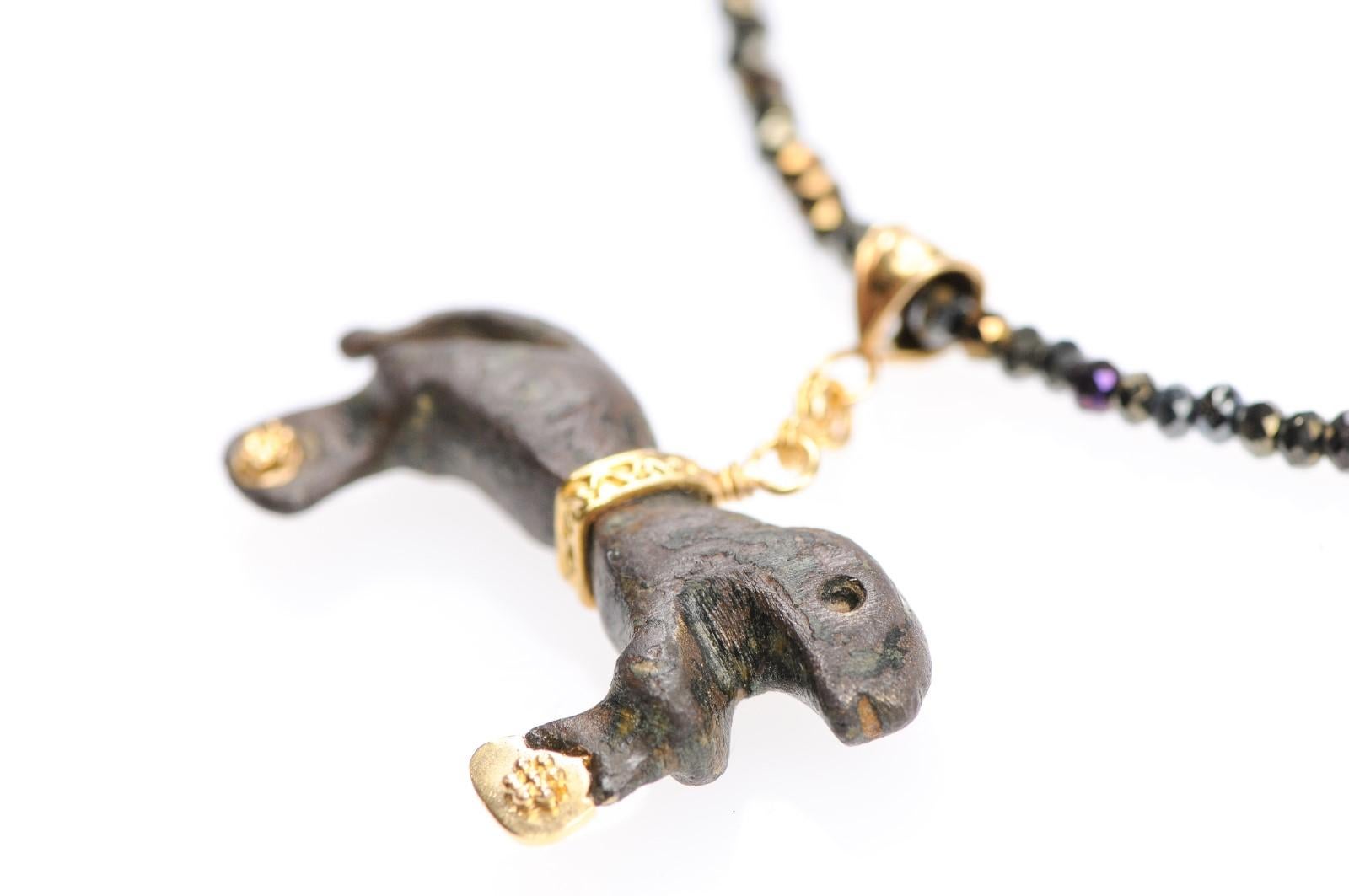 18th Century and Earlier Ancient Bronze Lion Artifact in Custom 21-Karat Gold Hanging Pendant