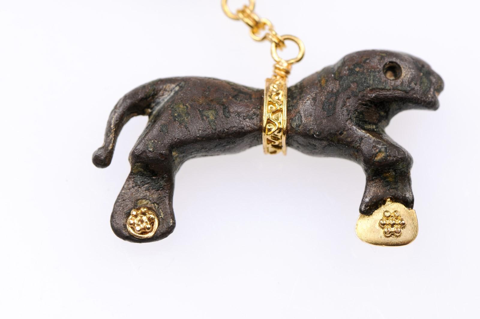 Ancient Bronze Lion Artifact in Custom 21-Karat Gold Hanging Pendant 2