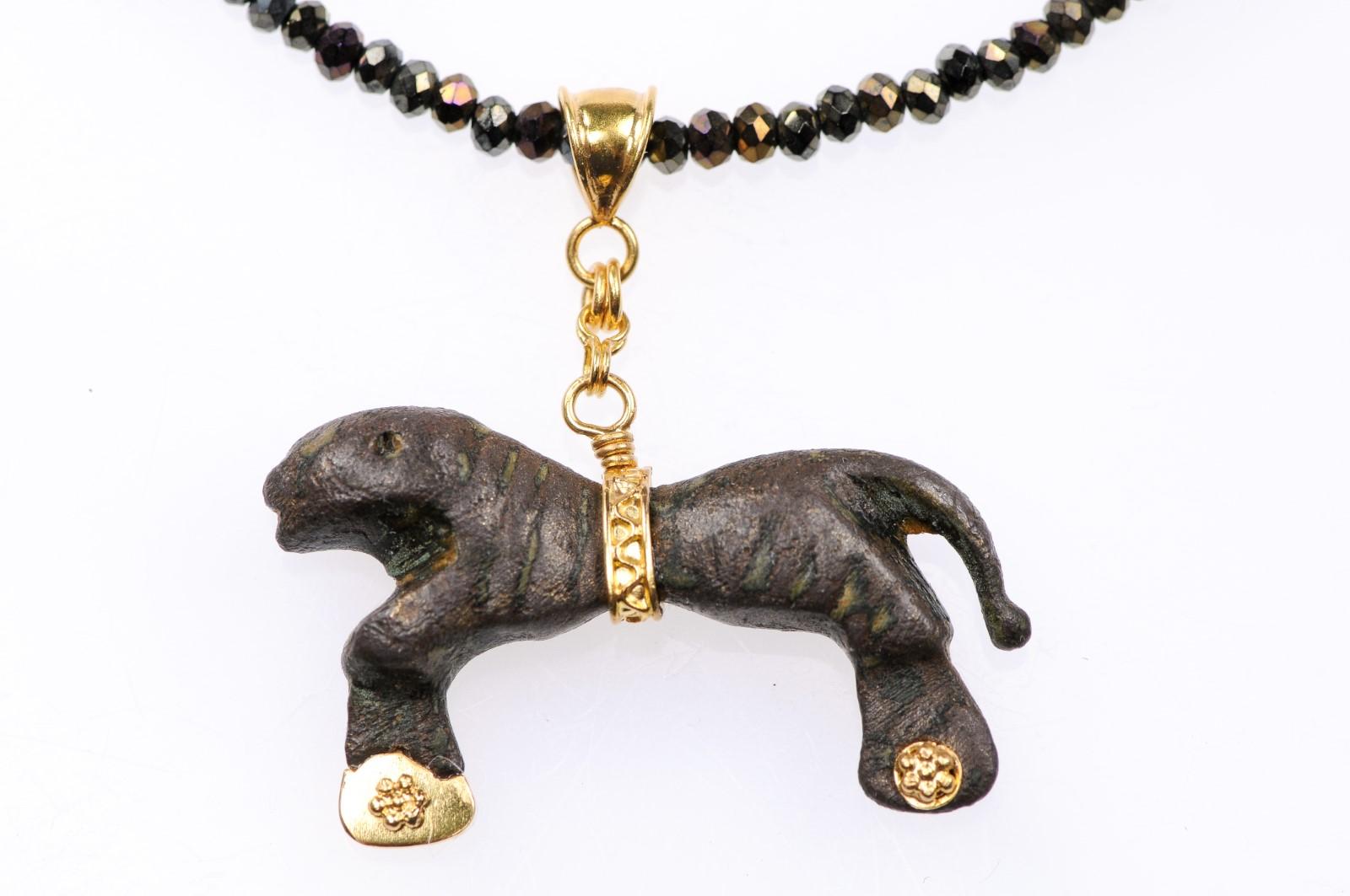 Ancient Bronze Lion Artifact in Custom 21-Karat Gold Hanging Pendant 3