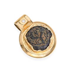 Ancient Bronze Prutah Coin 14k Yellow Gold & Diamond Pendant