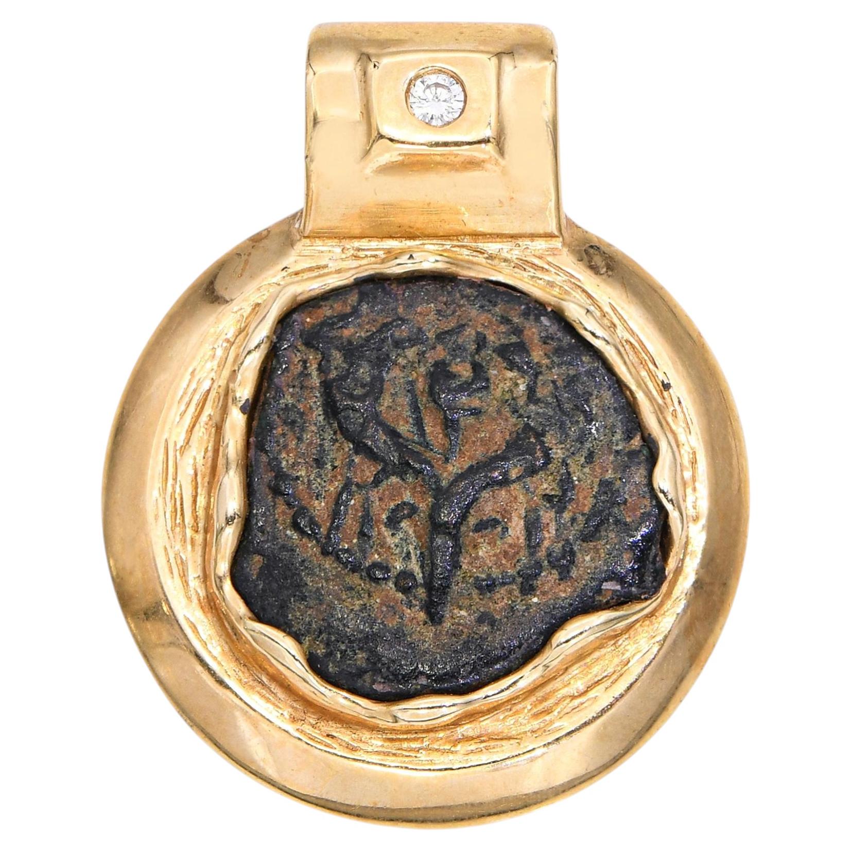 Ancient Bronze Prutah Coin 14k Yellow Gold & Diamond Pendant For Sale