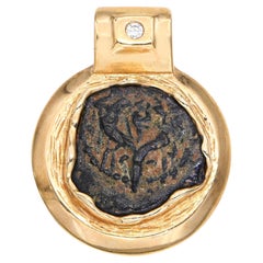 Ancient Bronze Prutah Coin 14k Yellow Gold & Diamond Pendant