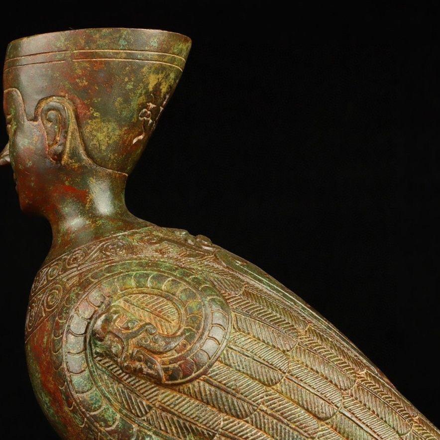 19th Century Old Asian Bronze Standing Bird With Human Head Statue For Sale