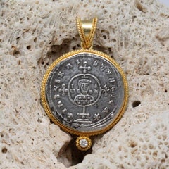 Ancient Byzantine 10th Century Christian Silver Coin Diamond 18K Gold Pendant