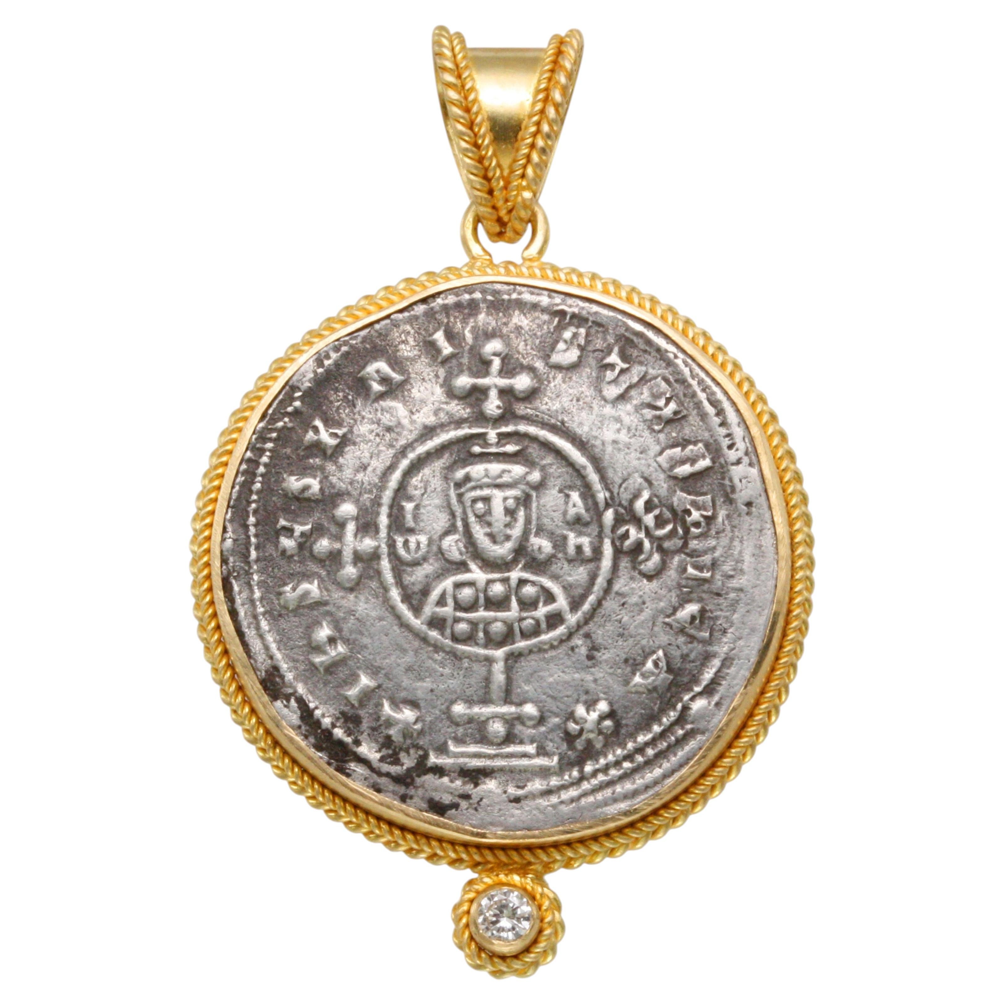 Ancient Byzantine 10th Century Christian Silver Coin Diamond 18K Gold Pendant