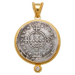 Ancient Byzantine 10th Century Christian Silver Coin Diamond 18K Gold Pendant
