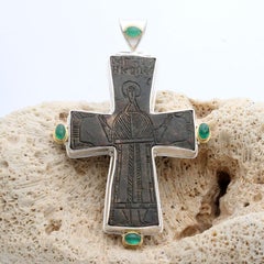 Ancient Byzantine 8th Century Bronze Cross Emeralds Sterling/18K Gold Pendant