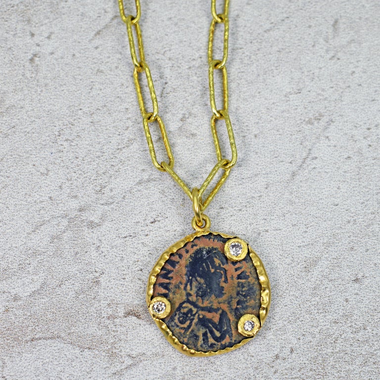 Contemporary Ancient Byzantine Bronze Coin and Diamond 22 Karat Gold Pendant Necklace For Sale