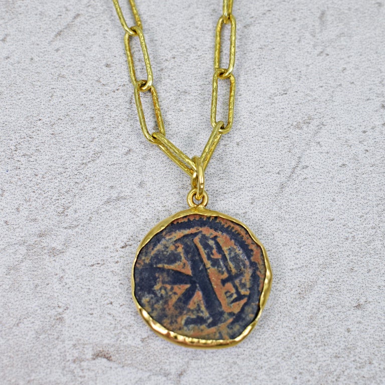 Round Cut Ancient Byzantine Bronze Coin and Diamond 22 Karat Gold Pendant Necklace For Sale