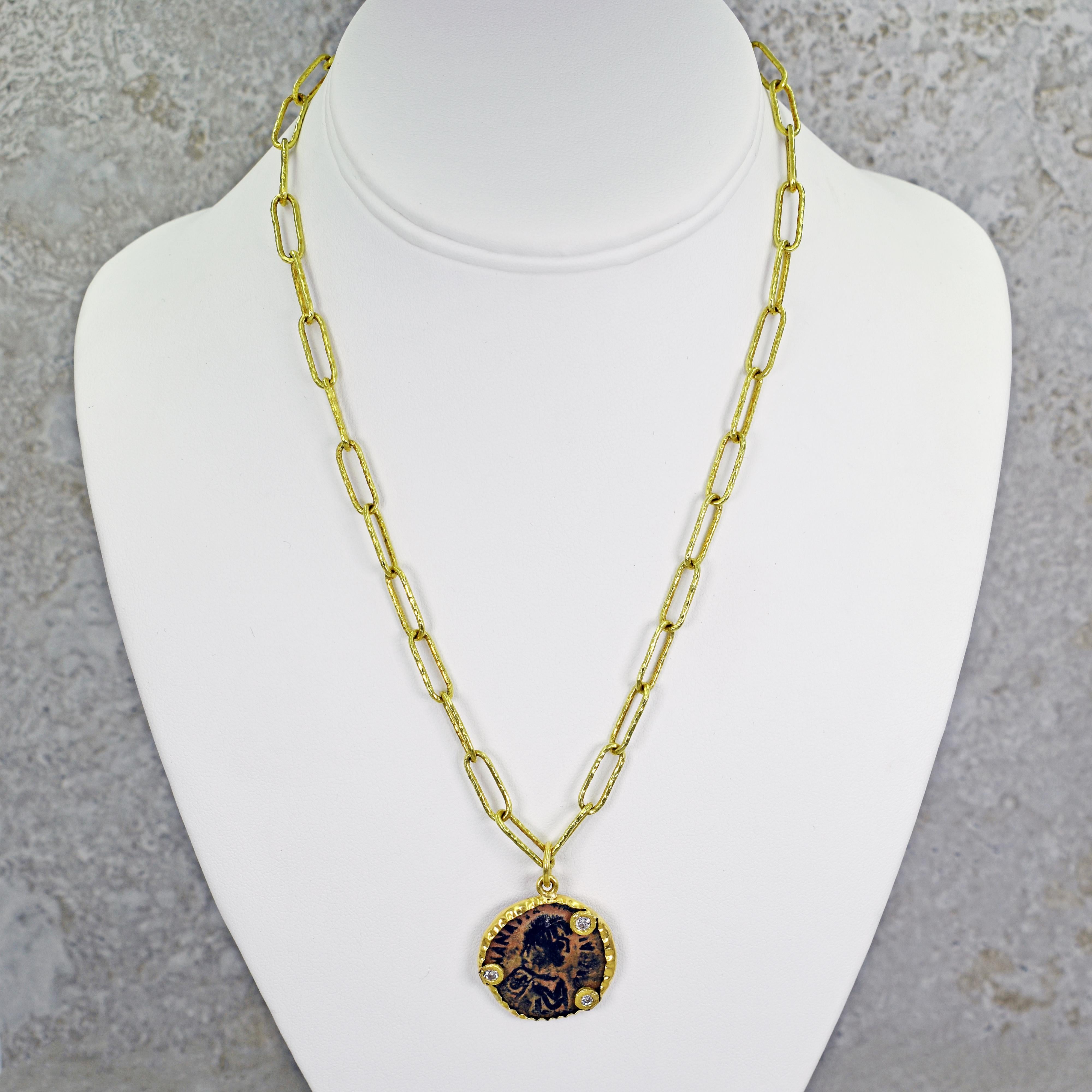 Round Cut Ancient Byzantine Bronze Coin and Diamond 22 Karat Gold Pendant Necklace For Sale