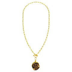 Collier pendentif en or 22 carats avec pièce de monnaie byzantine ancienne en bronze et diamants
