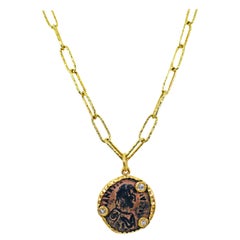 Ancient Byzantine Bronze Coin and Diamond 22 Karat Gold Pendant Necklace