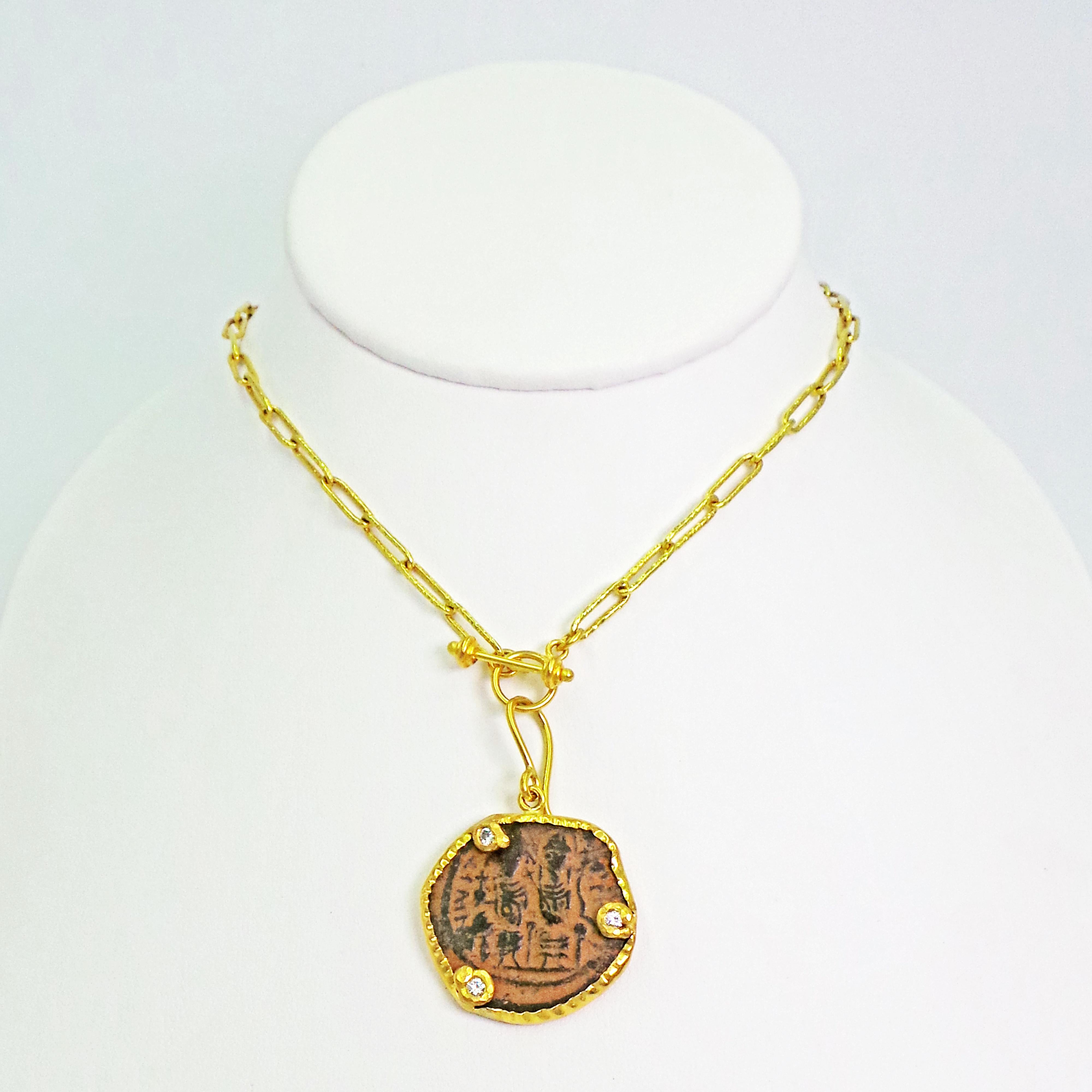 Contemporary Ancient Byzantine Bronze Coin and Diamond 22 Karat Gold Pendant Necklace For Sale