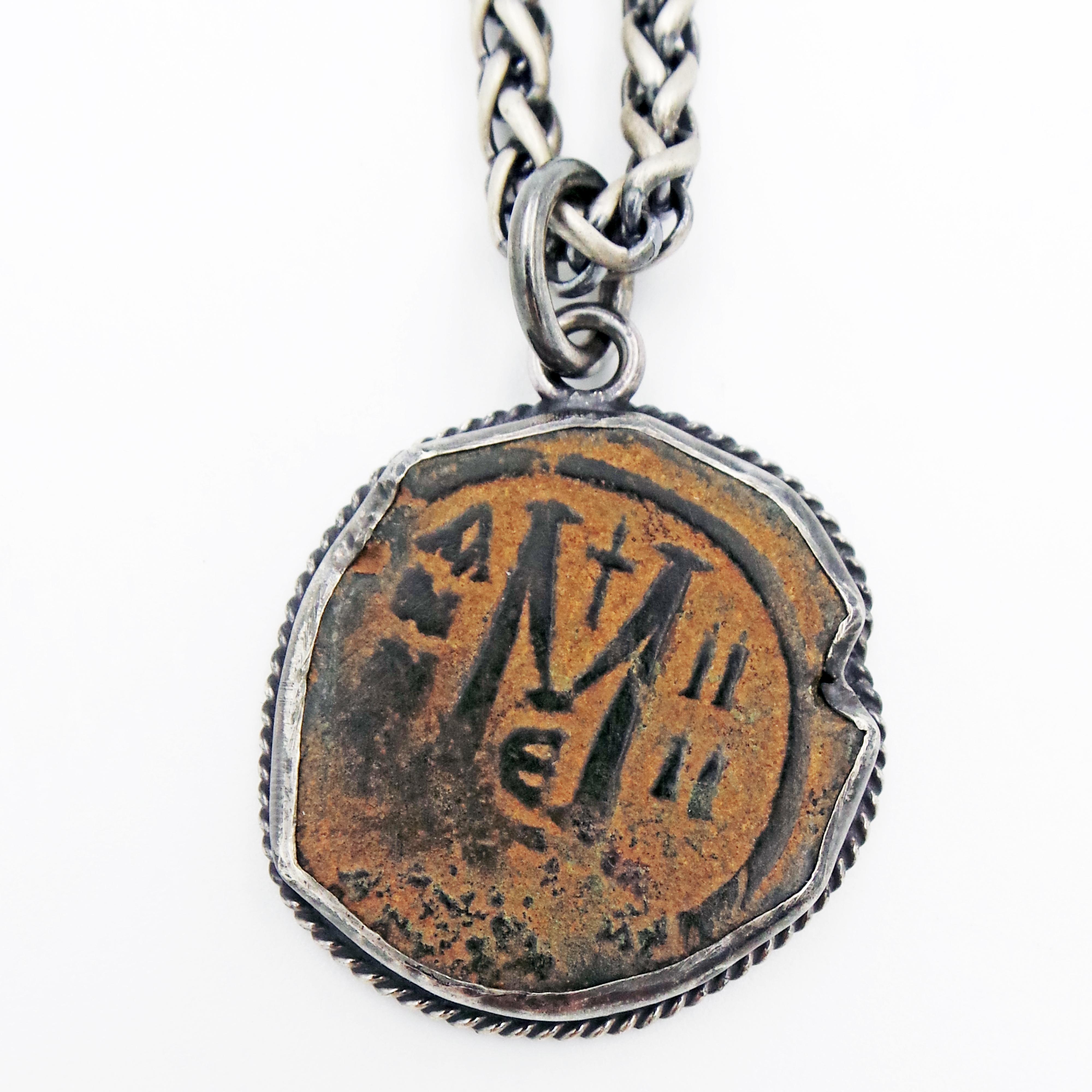 Contemporary Ancient Byzantine Bronze Coin and Sterling Silver Pendant Necklace For Sale