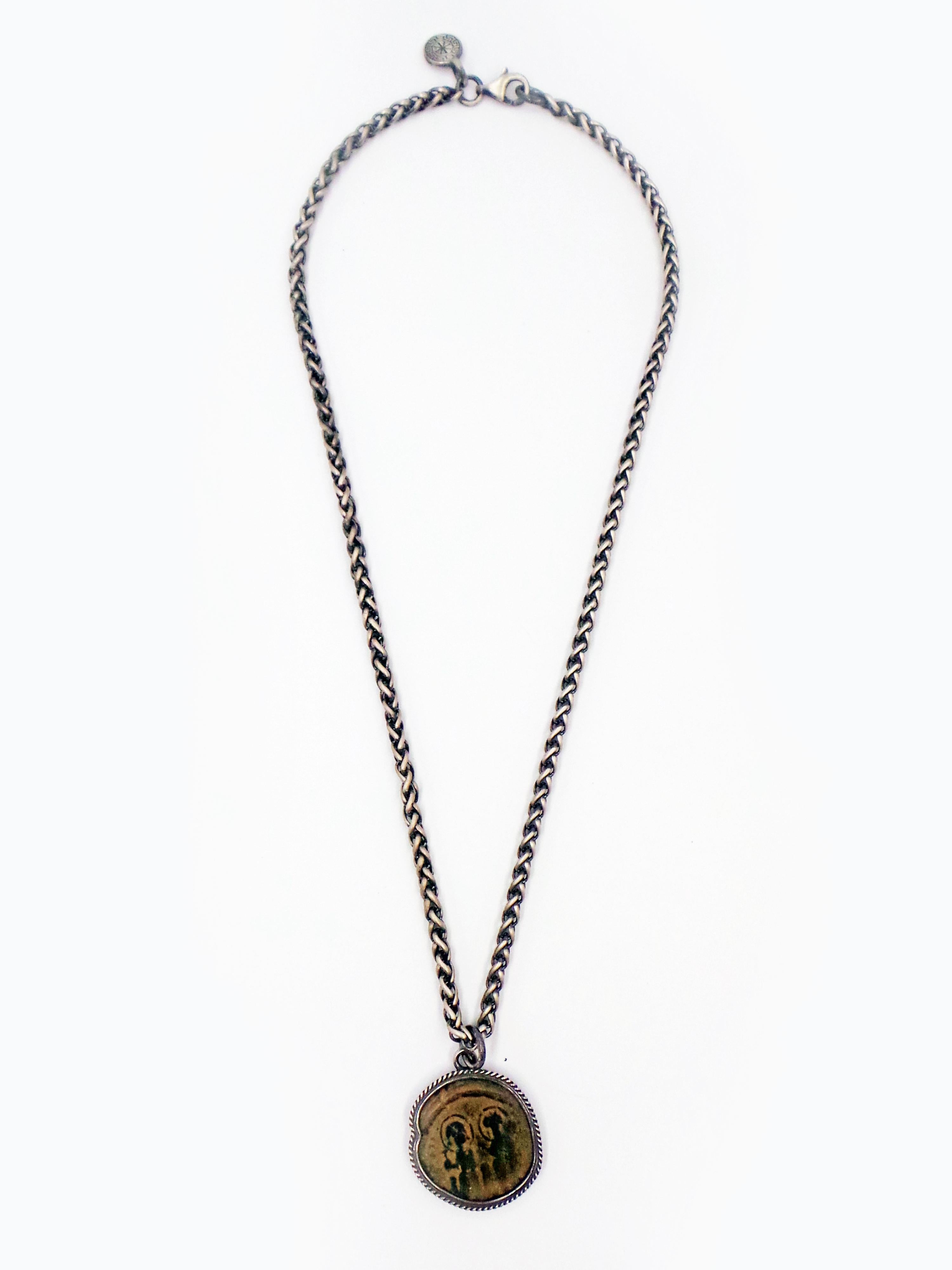 Ancient Byzantine Bronze Coin and Sterling Silver Pendant Necklace In New Condition For Sale In Naples, FL