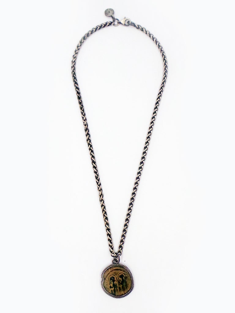 Ancient Byzantine Bronze Coin and Sterling Silver Pendant Necklace For